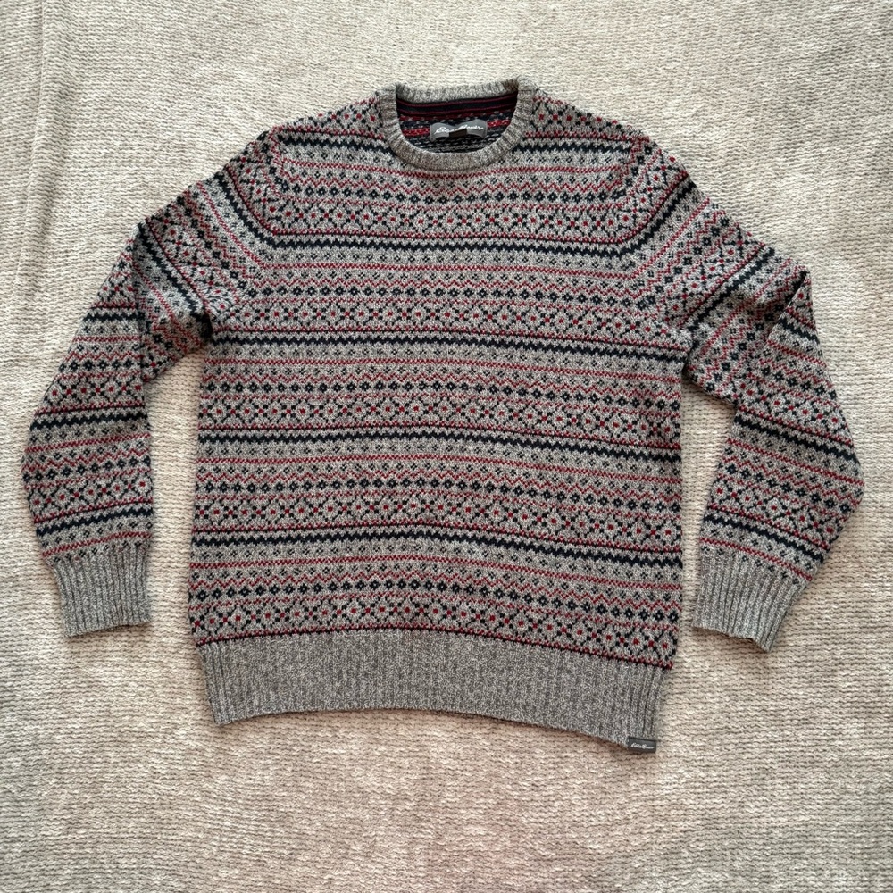 Eddie Bauer Fair Isle Wool Blend Sweater Mens Medium Gray Nordic Crewneck